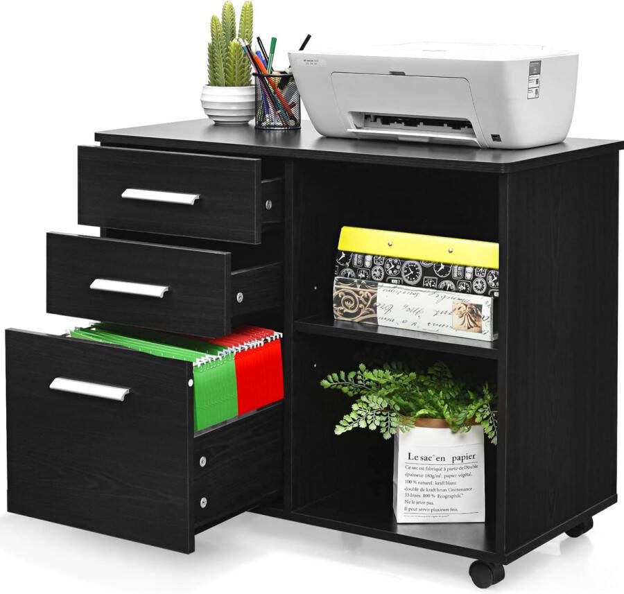Rolcontainer met 3 laden mobiele archiefkast met wielen kantoorkast printerstandaard met open opbergvakken multifunctionele opbergkast voor kantoor thuis (zwart)