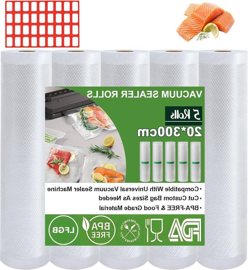 Rollen vacuümfolie 5 stuks 20 x 300 cm per rol BPA-vrij scheurvast 150 µm ideaal voor vacuümverpakkers magnetrons en sous-vide