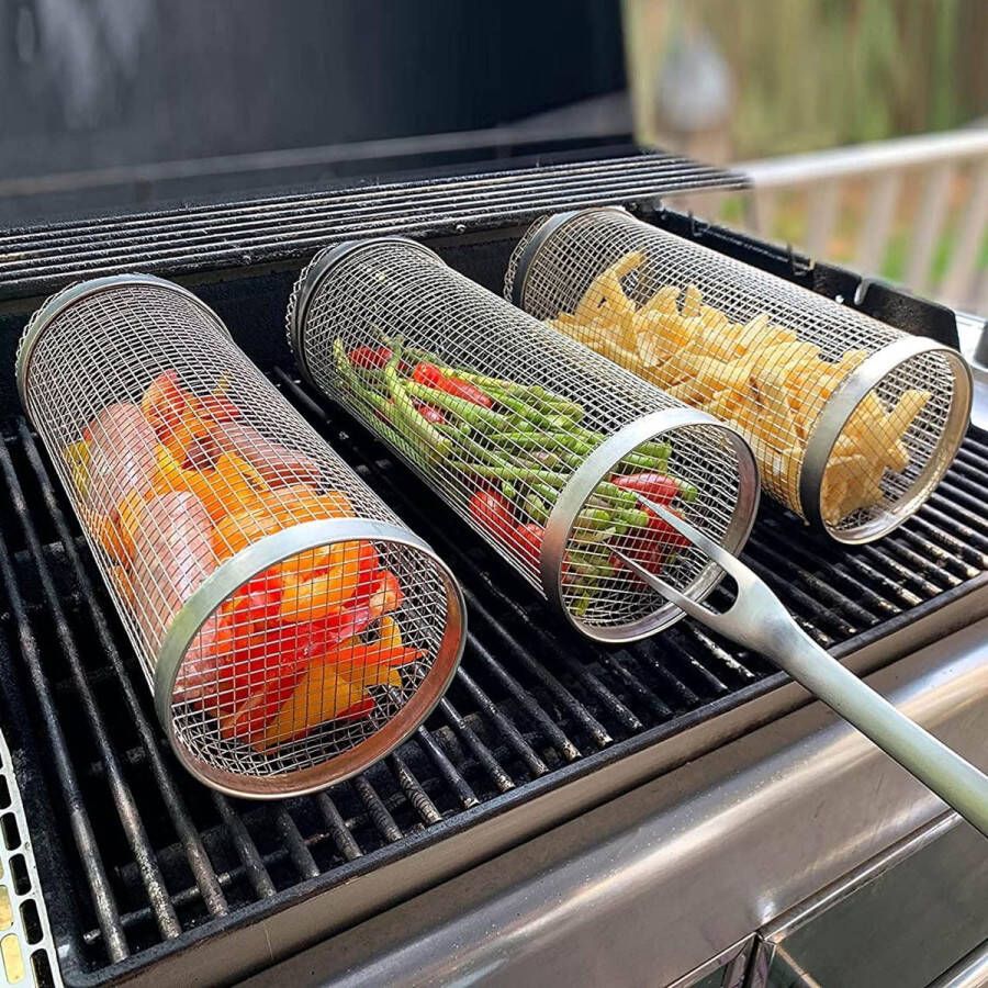 Rollende Grillmand Roestvrijstalen BBQ Grillrooster Mandje Anti-aanbak Vis Groenten Grillrooster BBQ-accessoires voor buiten Picknick Kampvuur Kamperen 1 Stuk (20 cm)