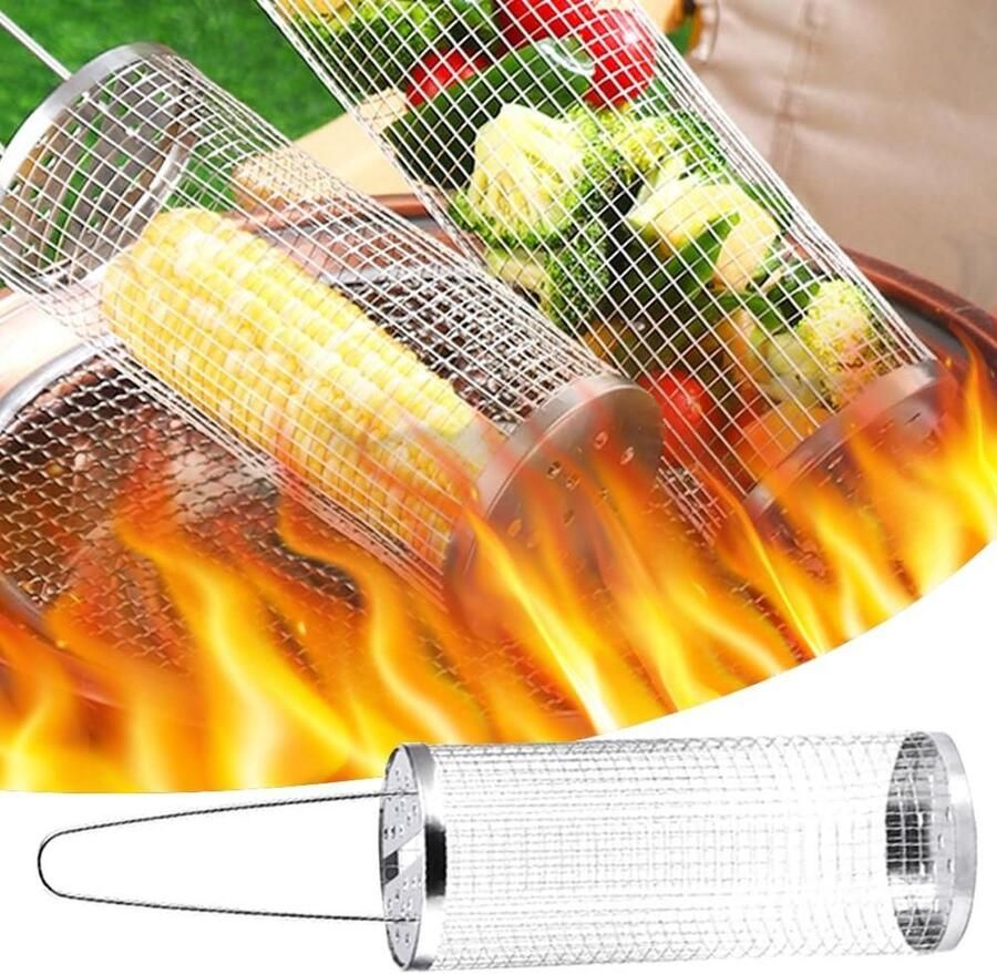 Rollende grillmand voor buiten grillen Roestvrijstalen barbecue grillrooster Draagbaar camping barbecuerek Groenten frietjes vis