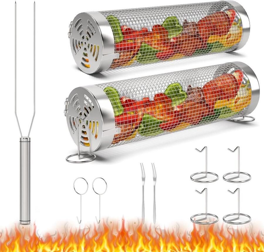 Rollende grillmandset draagbaar rooster BBQ-accessoires voor camping outdoor grillen vlees vis groenten roestvrij staal geschenkmand voor