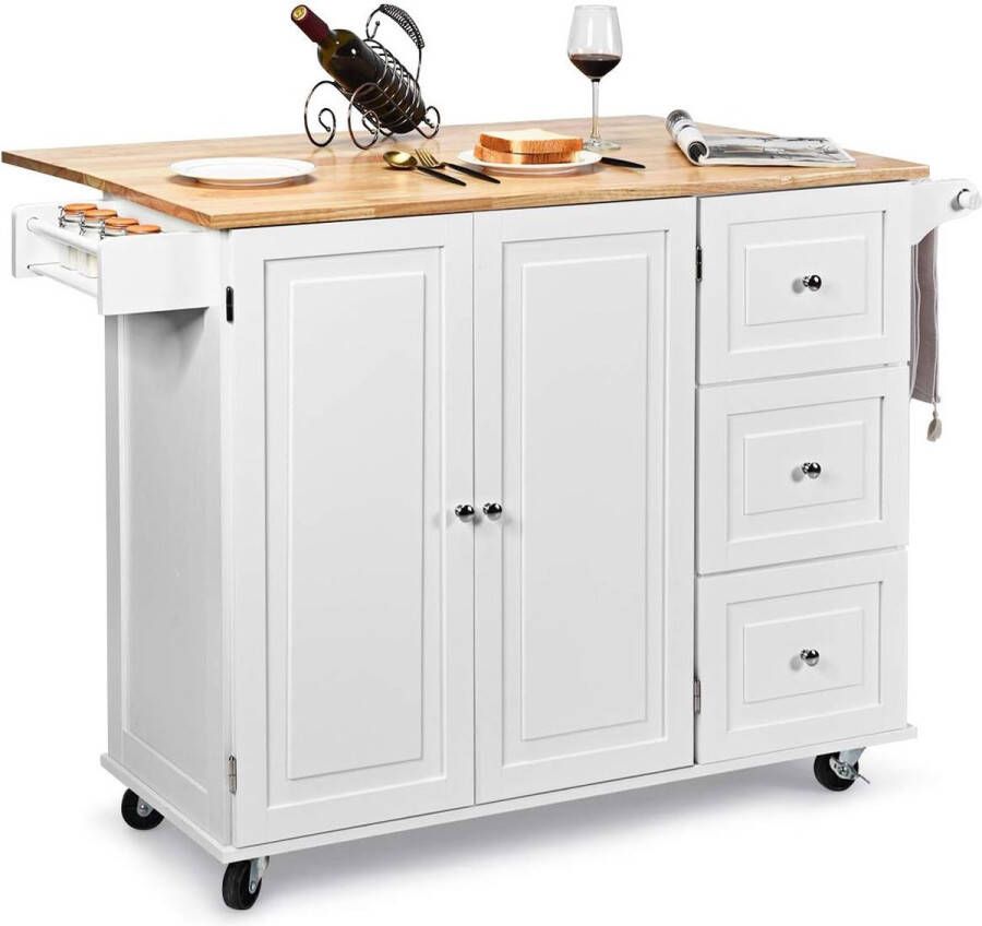 Rollende Keukenrolley Keukenwagen met Kruidenrek Handdoekenrek en Lade Serveerkeukenkast met Wielen en Verstelbare Planken (Wit)