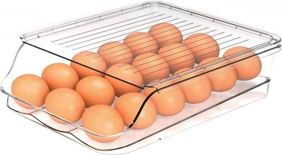 Rolling Egg Holder 18 Grids Grote Capaciteit Ei Opslag Container Automatische Rolling Eierrek Clear Plastic Eierlade Dozen met Deksel en Handvat Keuken Koelkast Aanrecht Opbergdoos