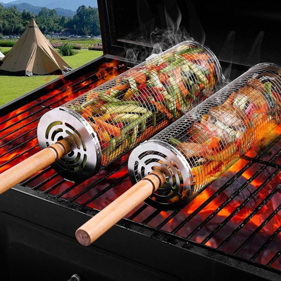 Rolling Grill Basket Set Wooden Handle 2 Pcs Fork Cooking BBQ Accessories Camping Outdoor Grilling Vegetables Fries Meat Fish bbq accessoires