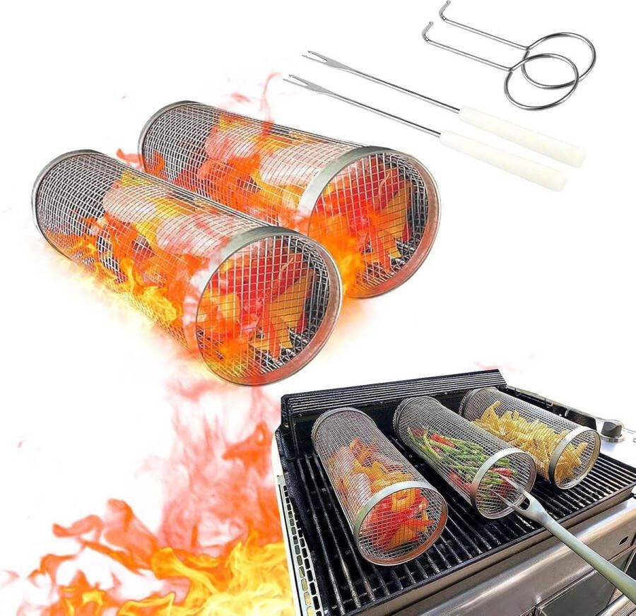 Rolling Grillmand Cilindrisch Roestvrij Staal Rollende Mand zonder Vork Buitengrill Accessoires voor Groenten Vis Vlees Camping Essentials