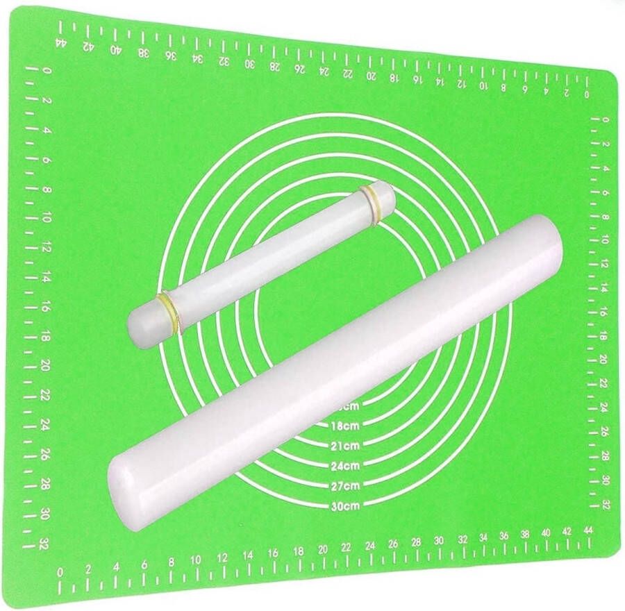 Rolling staaf 43 + 22 cm met Bakken Mat Silicone groene anti-Stick Hittebestendige deegroller met Deeg Mat 60 x 40 cm Set