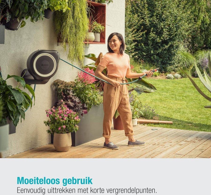 RollUp M 20 m wandslangenbox Flexibele besproeiing voor middelgrote tuinen zwenkbare slanghaspel met wandhouder systeemdelen en spuit inclusief 20 m slang Tuinslang haspel