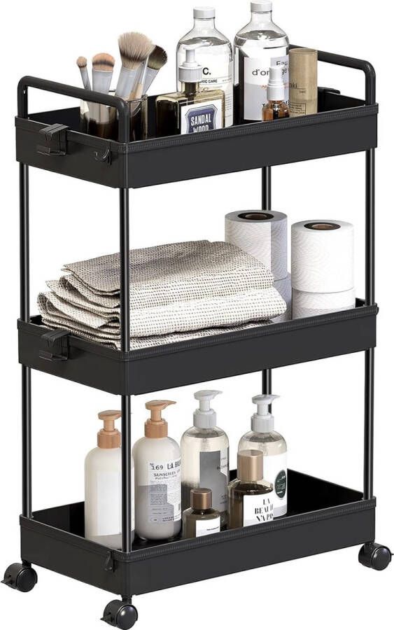 Rolwagen keukentrolley met 3 niveaus mobiele opbergrek-organizer voor keuken badkamer wasruimte slaapkamer smalle plekken kunststof met handgrepen 22 x 40 x 61 cm zwart