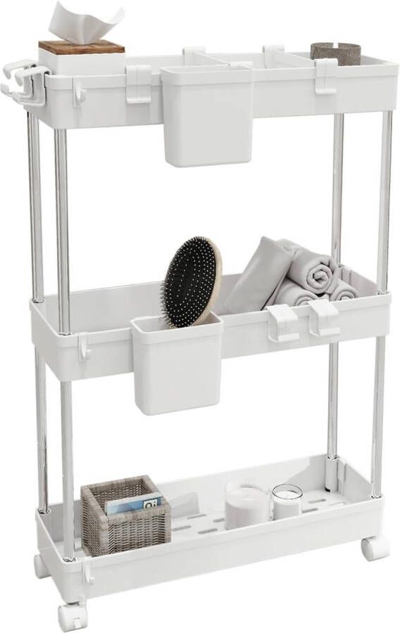 Rolwagen keukenwagen met 3 niveaus keukenrek nisrek op wielen badkamerrek opbergwagen voor keuken badkamer met 4 haken + 2 containers + mandverdelingen