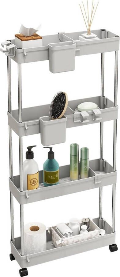 Rolwagen Keukenwagen met 4 Niveaus Keukenrek Nisrek op Wielen Badkamerrek Opbergwagen voor Keuken Badkamer met 4 Haken + 2 Containers + Mandverdelingen