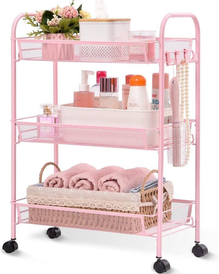 Rolwagen met 3 verdiepingen multifunctionele mobiele keukentrolley voor badkamer keuken en wasruimte. Roestvrij metaal ademende gaasmand en zijhaken inbegrepen. Eenvoudige montage roze