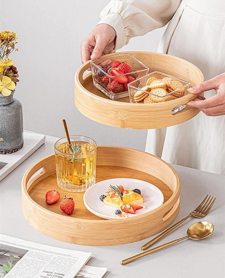 Rond houten dienblad met handgrepen en verhoogde rand voor eten koffie wijn thee en fruit 385x385x5 cm