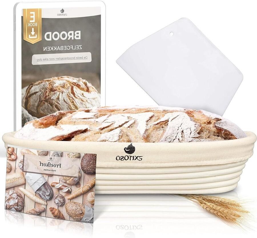 Rond rijsmandje van peddigrohr Ø 25 cm deegscherper e-book recept linnen doek brood bakken rijsmandje set gaarmand Banneton broodbakaccessoires fermentatievorm brood bakken