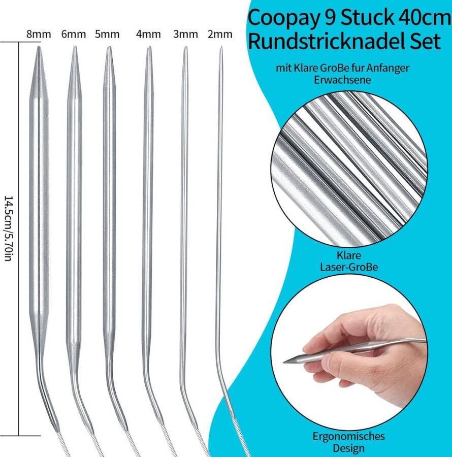 Rondbreinaalden set roestvrij staal 80 cm lang breinaalden metaal professioneel sokkenbreinaalden garennaalden voor hoed sokken sjaal mutsen weefprojecten (80 cm)