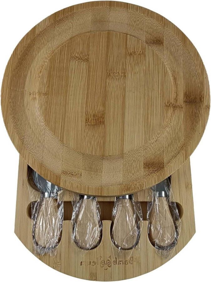 Ronde Bamboe kaasplank met vier messen set in magneet gesloten laden Bambolium Bamboe Keukenaccessoires Cheese Slicer