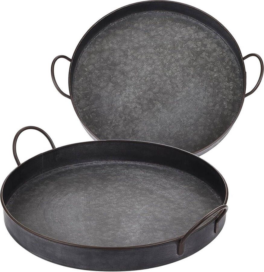 Ronde decoratieve dienbladen met handgrepen industriële boerderij stijl set van 2 metaal ijzer 30 cm + 25 cm