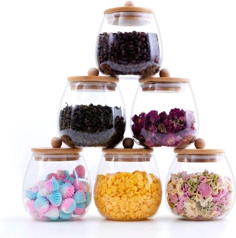 Ronde doorzichtige glazen voedselopslag potten luchtdichte bamboe deksels keuken decoratieve canister set koffie bloem thee suiker snoep koekjes kruiden 20 oz