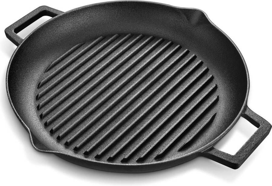 Ronde grillpan van gietijzer 385 cm x 335 cm met handgrepen en schenktuiten inductie geschikt voor steak vlees en BBQ