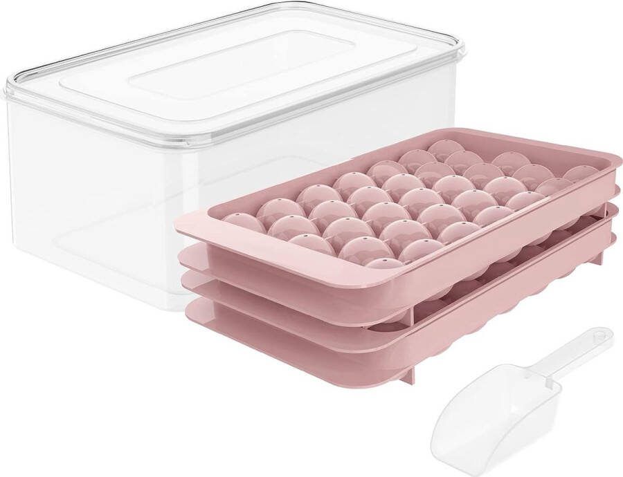 Ronde ijsblokjeshouder voor vriezer met container mini-cirkelvormige ijsblokjeshouder 66x 3 cm stukken bolvorm ijskoeler thee en koffie (2 roze trays 1 container en schep)