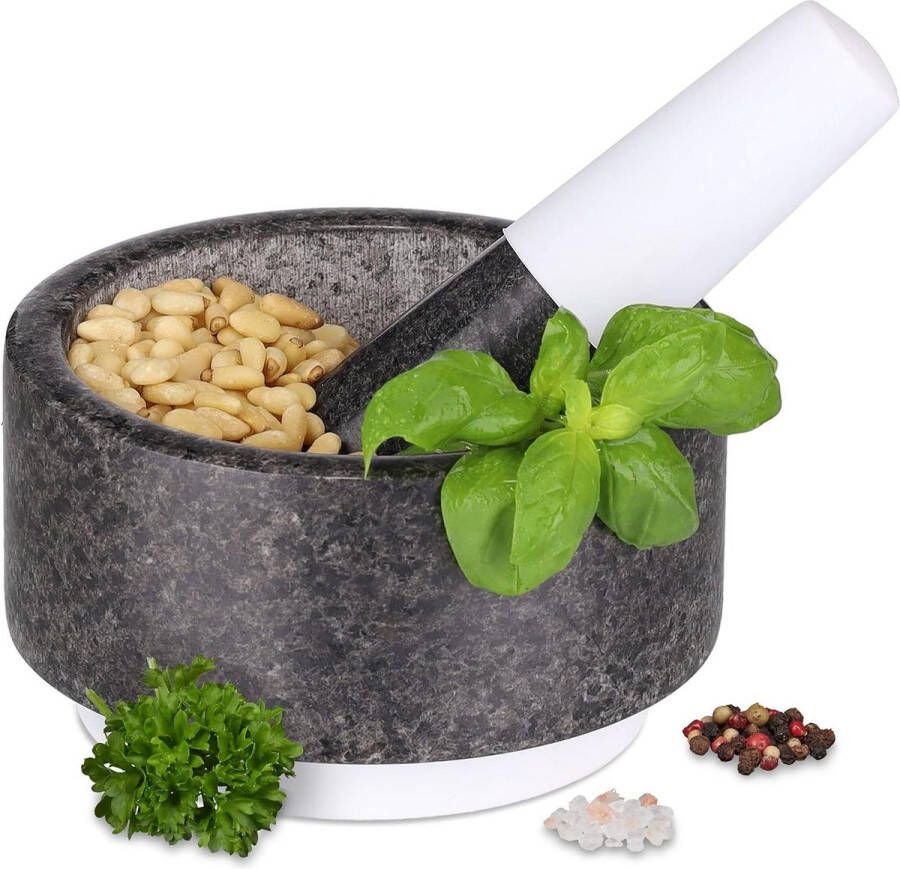 Ronde kruidenstamper van graniet antislip vijzel met stamper H x Ø: 8 x 14 cm specerijen antraciet wit