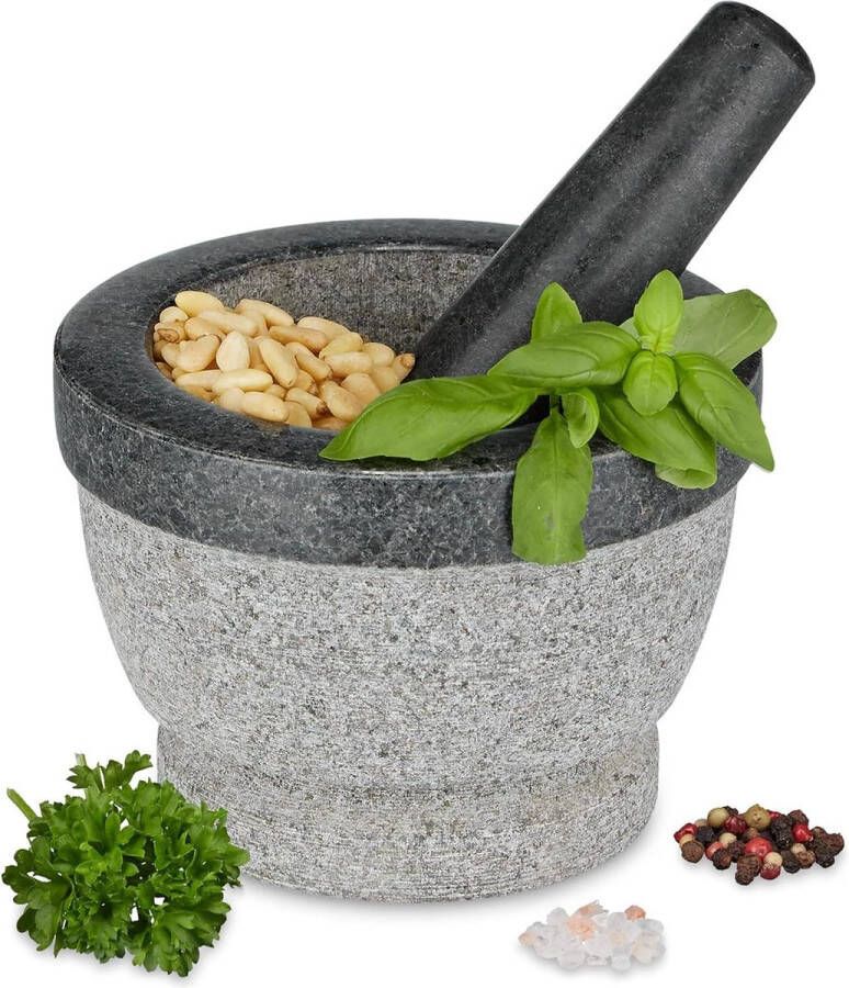 Ronde Kruidenstamper van Graniet Vijzel en Stamper 11 x 14 cm Kruiden en Specerijen Zware Mortier Grijs