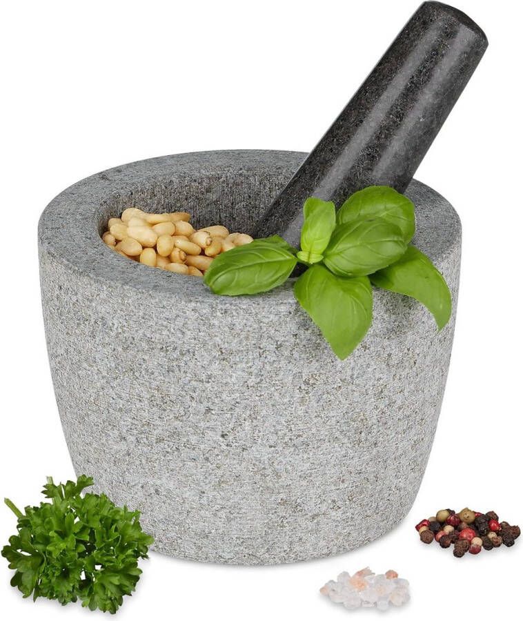 Ronde kruidenstamper van granieten vijzel HxØ 10 x 14 cm voor kruiden en specerijen zware mortier grijs