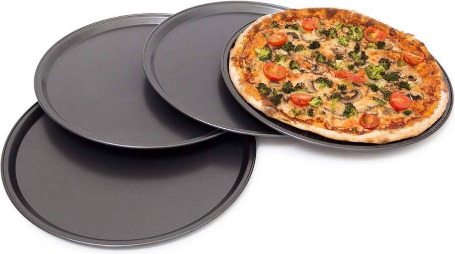 Ronde pizzaplaat set van 4 antiaanbaklaag carbonstaal voor pizza & brood Ø 33 cm lichte bakplaat grijs