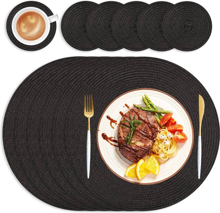 Ronde placemats afwasbaar set van 6 rond met onderzetter 34 cm ronde placemats antislip hittebestendig voor keuken bruiloft feest zwart