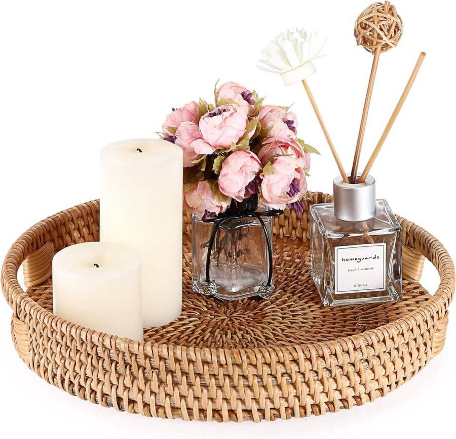 Ronde Rieten Dienblad met Handvat Decoratief Dienblad voor Drankjes Ontbijt Thee Kaars 25cm