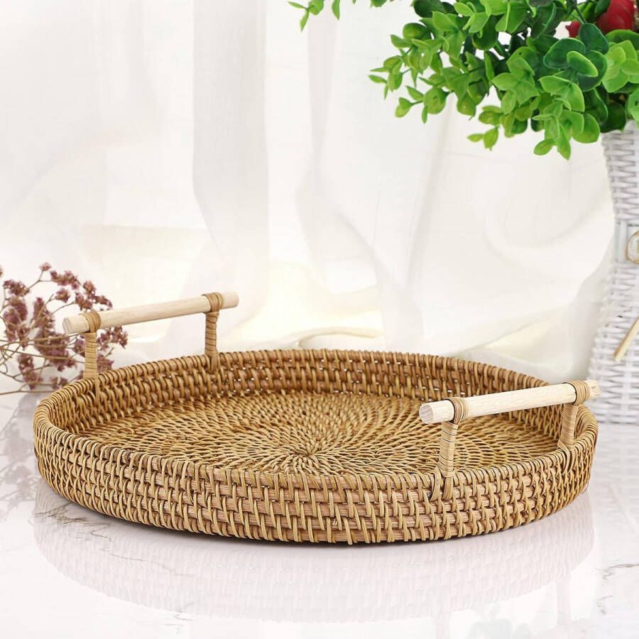 Ronde rotan geweven dienblad 28 cm decoratieve display lade opbergschalen met handvat tafel desktop organizer lade voor koffie drank ontbijt thee kaars