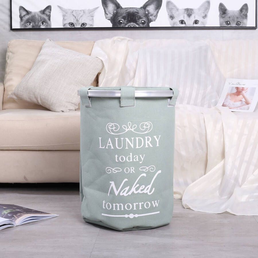 Merkloos Sans marque Decopatent Ronde Wasmand met deksel 50 L- Tekst LAUNDRY TODAY OR NAKED TOMORROW Badkamer wasmand afsluitbaar Waszak Groen