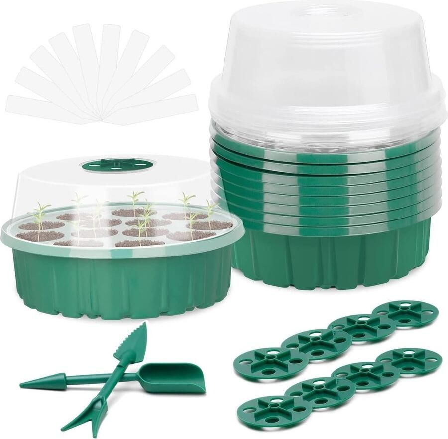 Ronde zaadstarterbakken 6 stuks zaadkweekbakken Heavy Duty Plastic plantenlabels 20 stuks verstelbare ventilatieopeningen koepel en basis Kweekbak