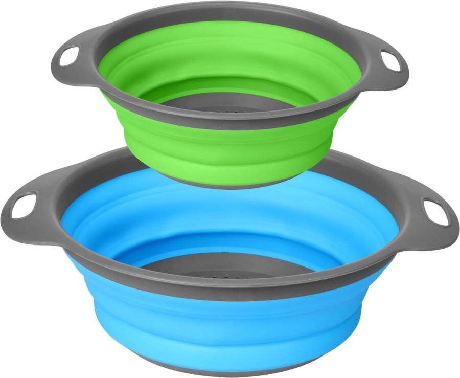 Ronde Zeef Siliconen Opvouwbare Vergiet met Handvat Set van 2 Afvoermand Collander Colinder Perfect voor pasta Groente Fruit Blauw Groen Vergiet