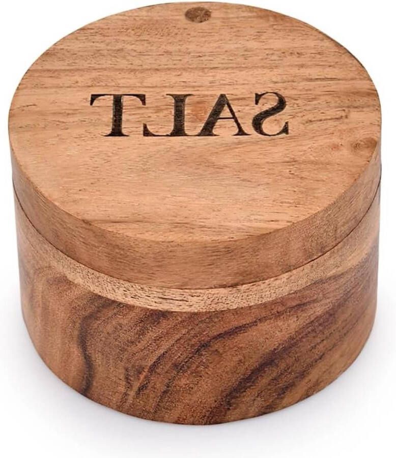 Ronde zout- en kruidenbox van acaciahout met magnetische draaibare deksels zout keukenaanrecht gegraveerd 889 x 889 x 635 cm. Zoutpot