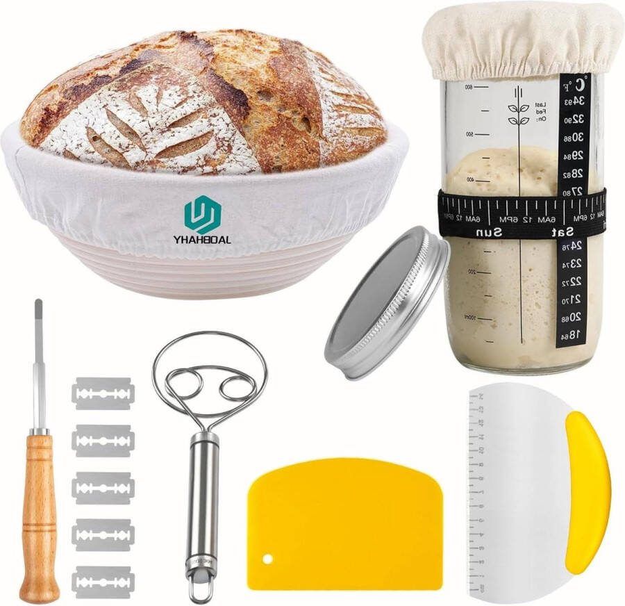 Ronde Zuurdesem Mand 23cm + 650ml Starter Glazen Pot Set Metalen Schraper Plastic Schraper Deegklopper Broodmes Brood en Gistdeegsoorten