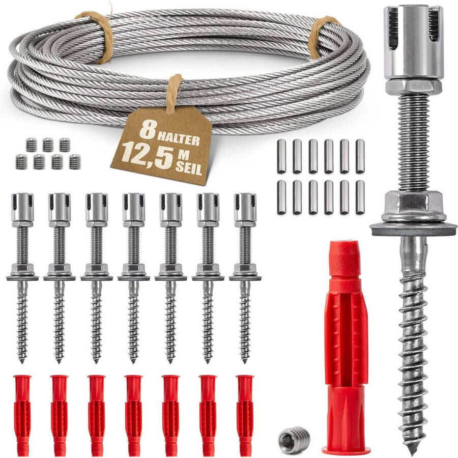 Rooster van roestvrij staal voor klimplanten ProfiSystem als complete set met muurbeugels en 3 mm staalkabel (8 houders 12 5 m touw)