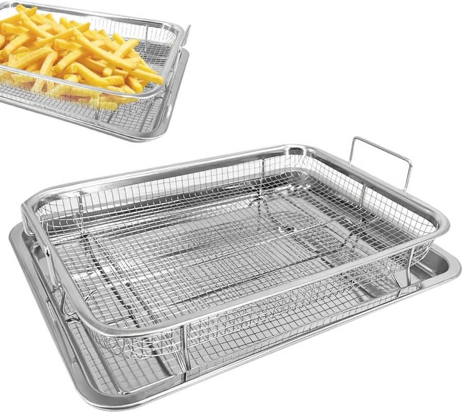 Roosterovenmand met rooster Koelrooster BBQ grillmand van roestvrij staal Grillmand met handvat en bodemschaal Rechthoekige bakvorm Gaas grillmand Roestvrijstalen grillrooster voor