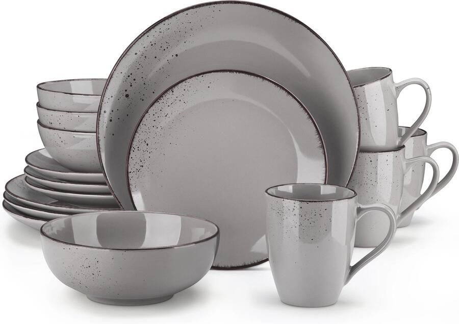 Roroa Luxe Serviesset 4 persoons 16 delig Borden Kopjes Schotel Rond Porselein Servies Grijs Effen