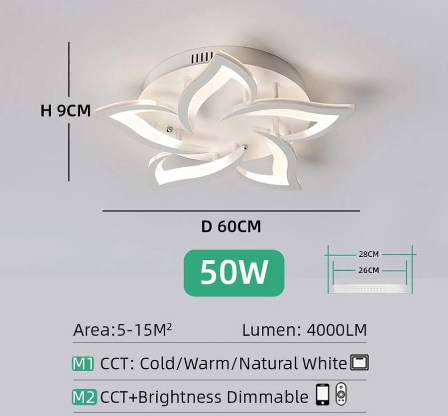 Roroa Plafondlamp Lotus Hanglamp Plafonniere Hanglamp Eetkamer Hanglamp Slaapkamer Dimbaar 60x9 cm 5 Bladen