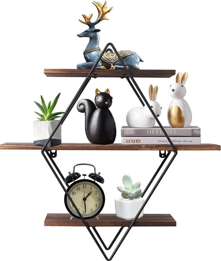 Roroa Wandplank Wandrek Industrieel Wandplank Hout Metaal Zwart 50x19x5 cm Geometrische Wanddecoratie Muurdecoratie Wanddecoratie