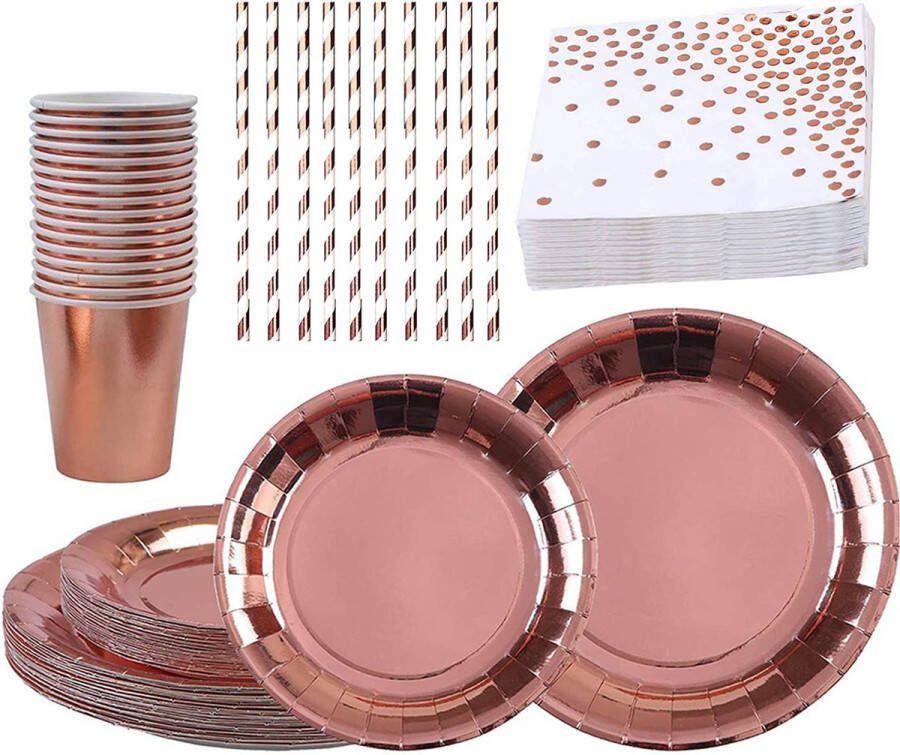 XinYang Rose Gold Party Servies Set Papieren Wegwerpservies 10 Feestborden 9 inch + 10 Papieren Borden 7 inch + 10 Papieren Bekers + 10 Rietjes + 10 Papieren Servetten Wegwerp Verjaardagsfeestje Bruiloft Voor 10 Gasten