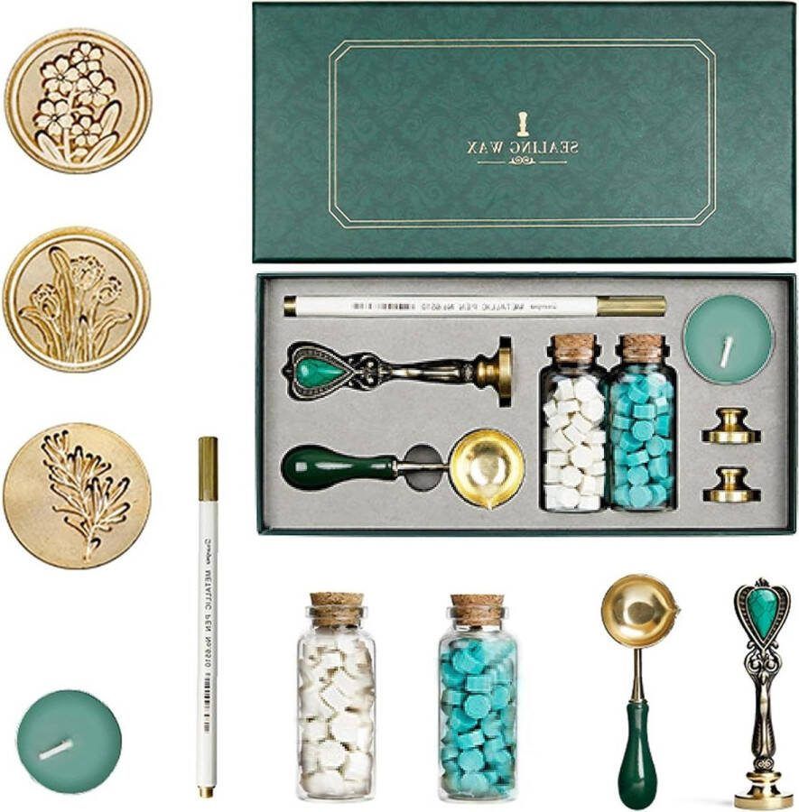 RoseFlower Gepersonaliseerde Wax Seal Stempel Kit Plant Sealing Wax Kralen Set Gift Box 3 Wax Stamp Messing Hoofden met Retro Handvat-Lepel voor Enveloppen Letters Bruiloft Uitnodigingen FestivalCards Gift