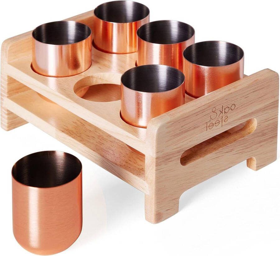 Roségouden Roestvrijstalen Shotglaasjes Set van 6 Houten Displaystandaard Borrelglazen met Dienblad Geschenk voor Verjaardagen en Kerstmis