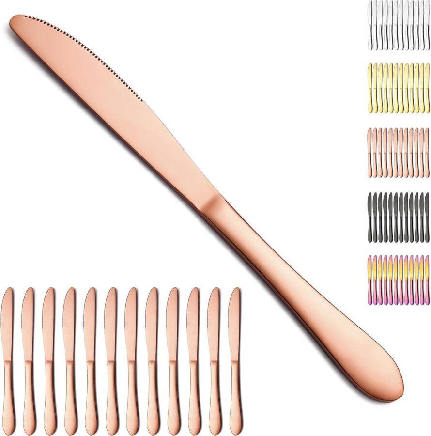Roségouden tafelmessen set van 12 stuks titanium roségoud gecoat roestvrij staal botermes eetmes voor thuis restaurant hotel vaatwasmachinebestendig