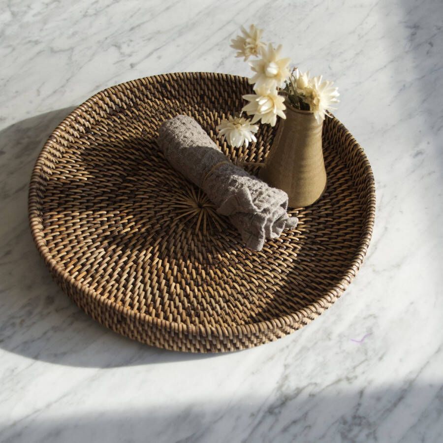 Rotan dienblad 30 cm donker kaarsenplateau serveerplank tray plateau decoratie woonaccessoires