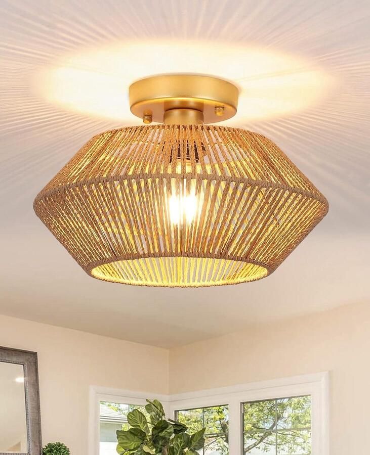 Rotan Plafondverlichting Boho Stijl Woonkamer en Slaapkamer Gouden Kroonluchter Bamboe Plafondlamp
