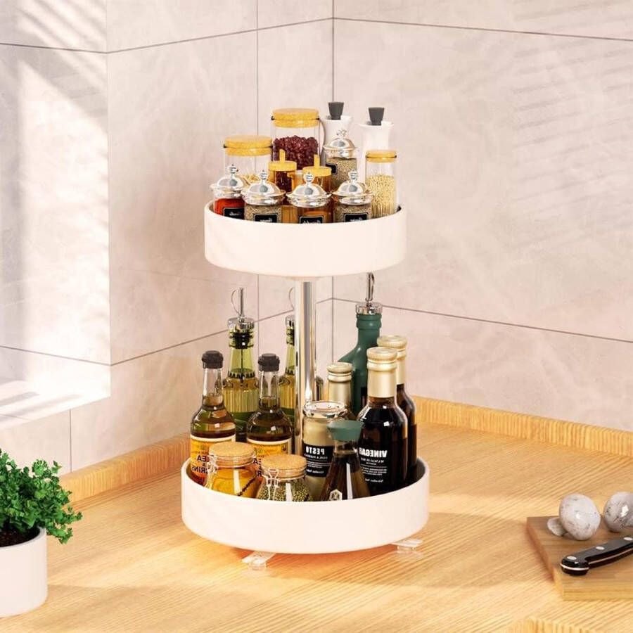 Roterend Metalen Kruidenrek 2 niveaus Organizers Lazy Susan Pantry Draaitafel Keukenkast Badkamer Wit