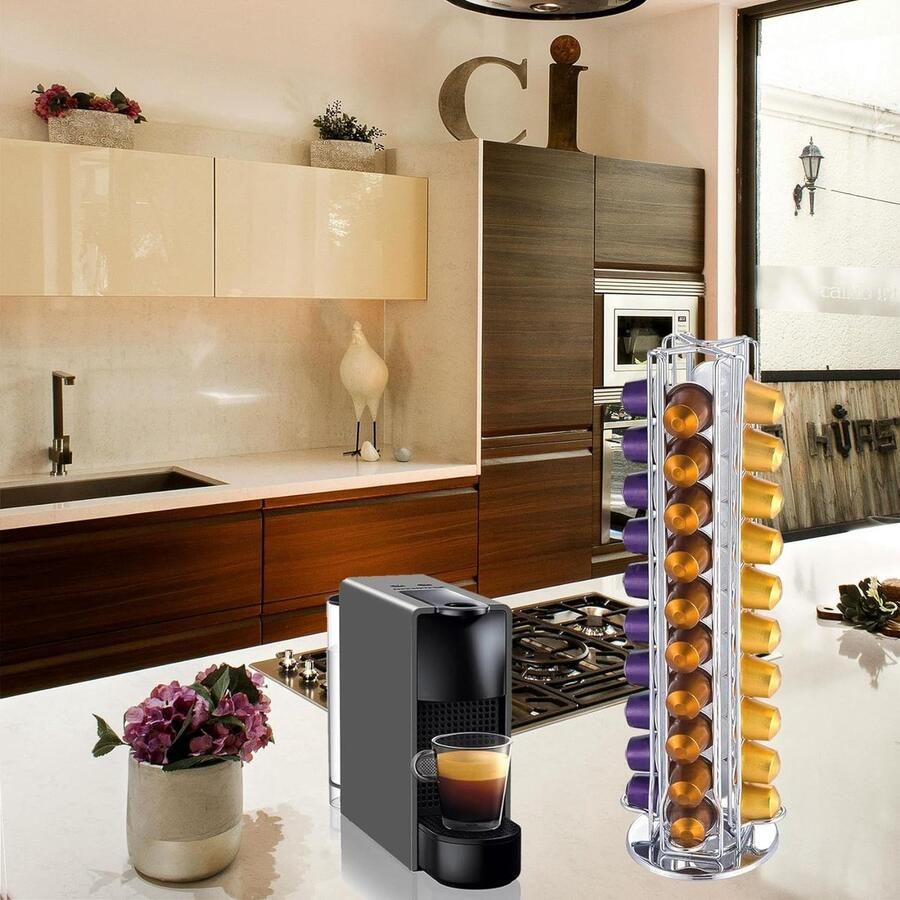 Roterende capsulehouder voor 40 Nespresso-capsules draaibare koffiecapsulestandaard voor OriginalLine koffiepads standaard voor koffiecapsules zilver chroom duurzaam
