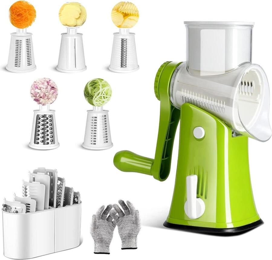 Roterende kaasrasp handheld keukenmandoline groentesnijder 5-in-1 roestvrijstalen trommelversnipperaar voor noten fruit Stuur snijbestendige handschoenen
