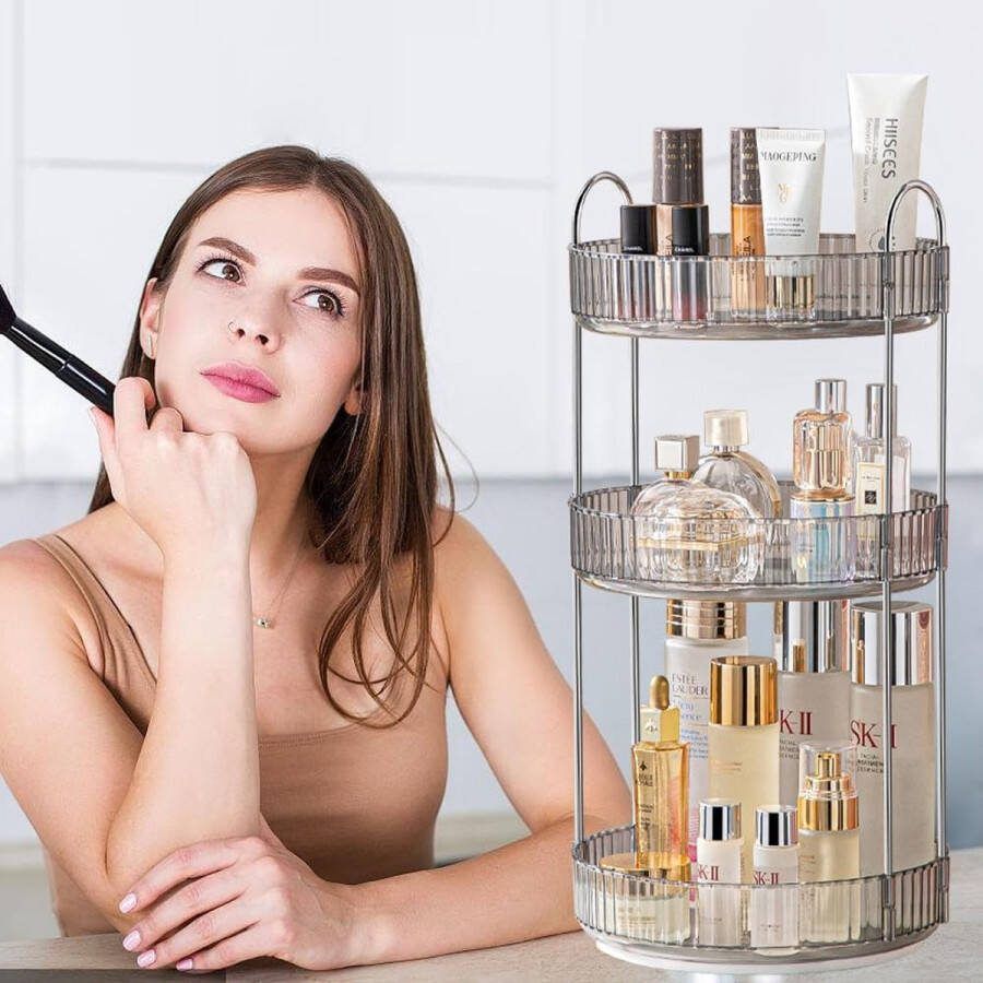 Roterende make-up-organizer voor kaptafel roterende cosmetische opslag huidverzorgingshouder voor gezichtscrème parfum lotion lippenstift (3 lagen grijs)